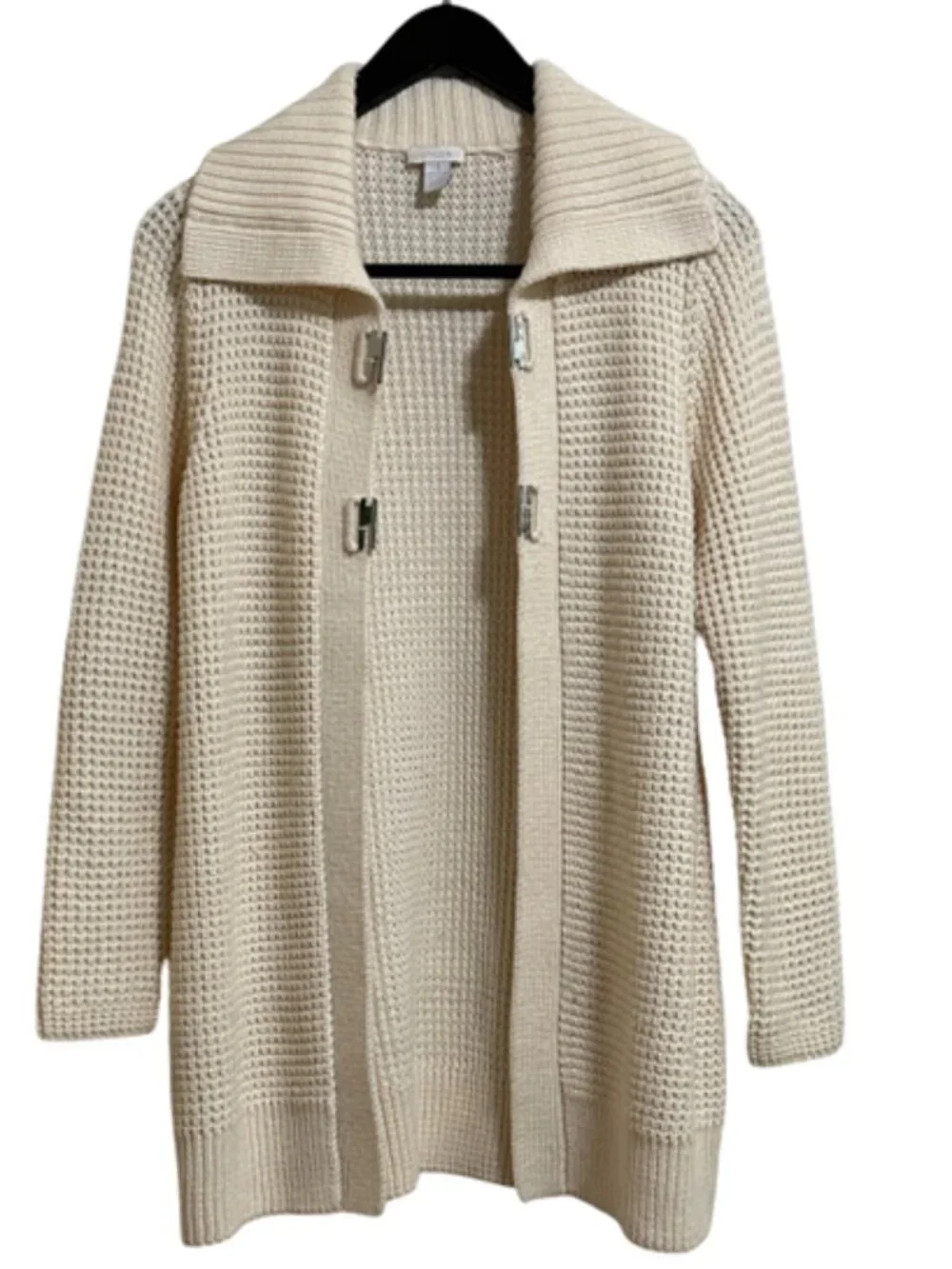 Chico's Long Open-Knit Cream Cardigan with Metal Buckle Closures - Size 1 /US 8 - Picture 5 of 12